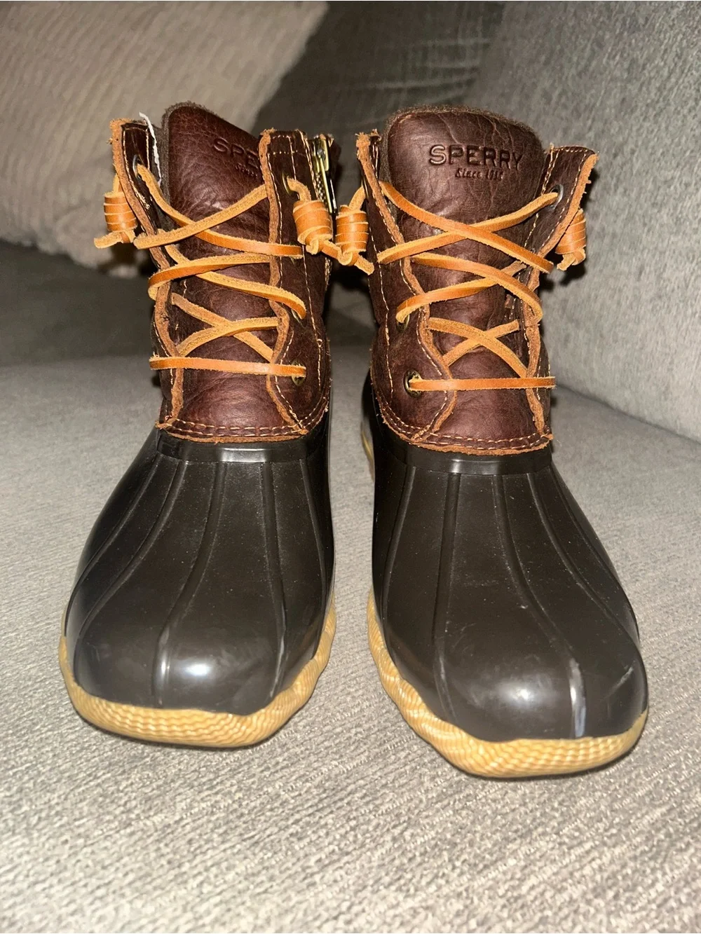 Sperry Brown Leather & Black Rubber Duck Boots with Tan Laces for Kids